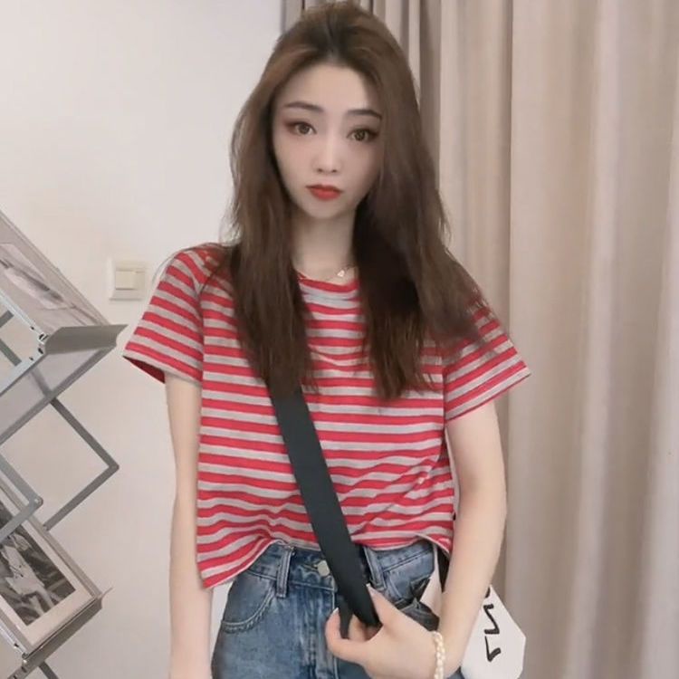 Áo Thun Cotton Tay Ngắn Cổ Tròn Dáng Rộng Họa Tiết Kẻ Sọc Thời Trang Mùa Hè Cho Nữ