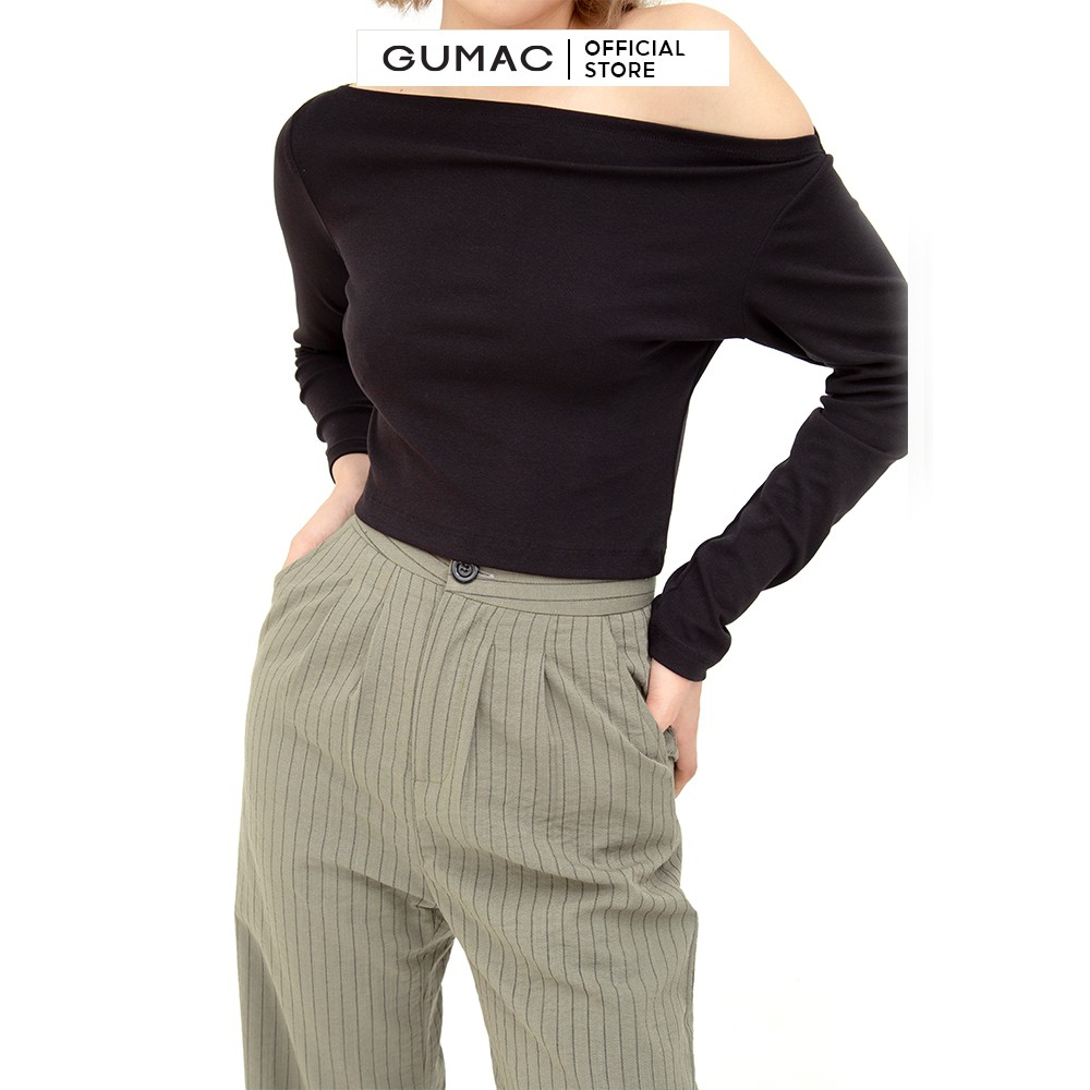 [Mã WABRGUD1 giảm 10% đơn 99K] Áo thun croptop nữ lệch vai GUMAC màu đen tay dài ATB5100