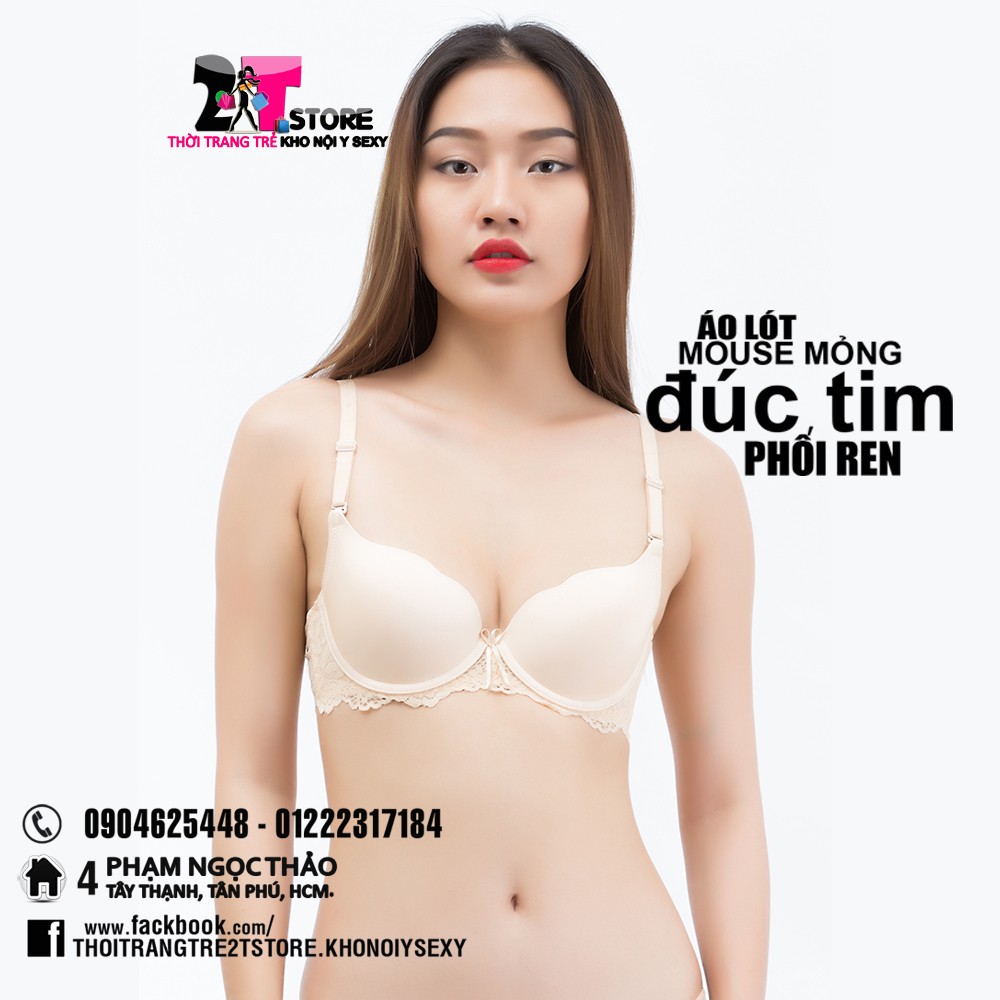Áo Nâng Ngực Mouse Mỏng Đúc Tim Phối Ren (Kem)
