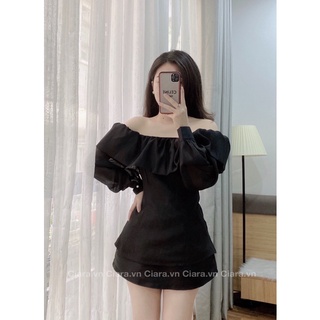 Áo voan bèo trễ vai (be/đen)