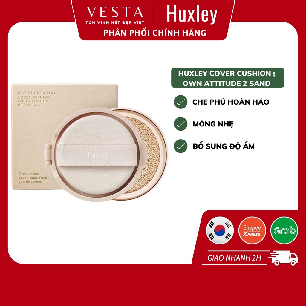 Phấn Nước Huxley Cover Cushion - Own Attitude SPF23/PA++ Che Phủ Tốt, Mỏng Nhẹ Chiết Xuất Cây Xương Rồng 12g