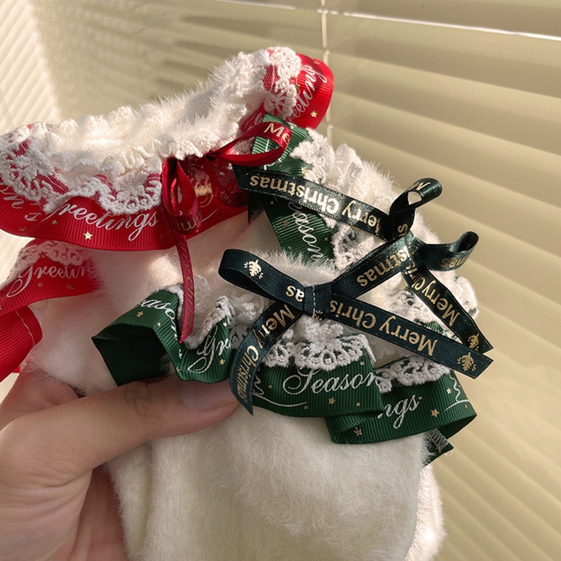 Xiangbao Vớ Ngắn Tới Mắt Cá Chân Phối Ren Ruy Băng Lông Xù Ấm Áp In Chữ Giáng Sinh Cho Nữ