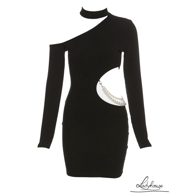 Đầm Ngắn Tay Dài Hở Vai Màu Trơn Đính Ngọc Trai Giả Thời Trang Mùa Thu Dành Cho Nữ