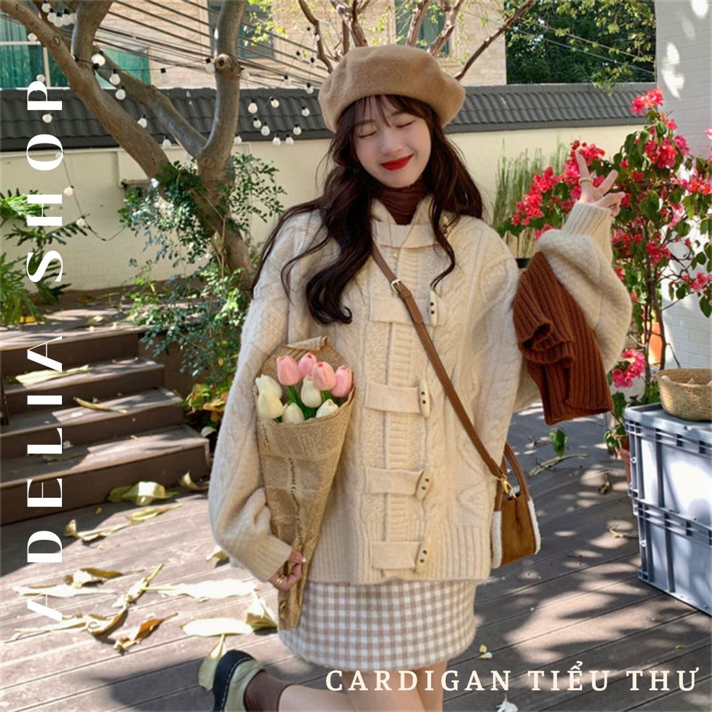 Cardigan Tiểu Thư | Áo Khoác Len Nữ Cardigan Ulzzang Khuy Sừng Dáng Rộng Hàn Quốc, Áo Len Tiểu Thư Dày Dặn Dáng Xinh