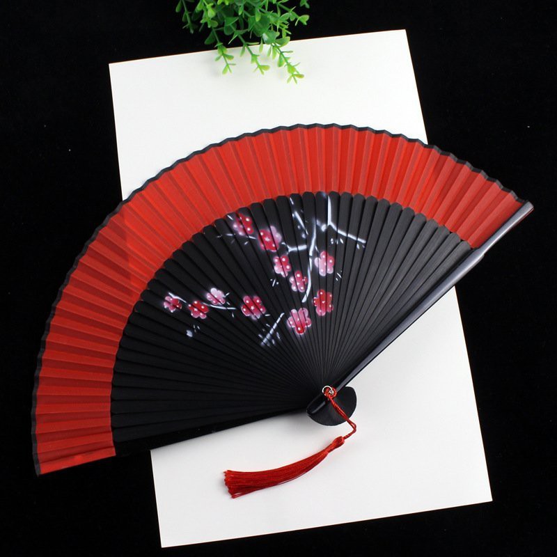 Quạt cổ trang dây tuyến viền đỏ MẪU M65 quạt cầm tay in hình CÀNH ĐÀO cosplay ngày Tết