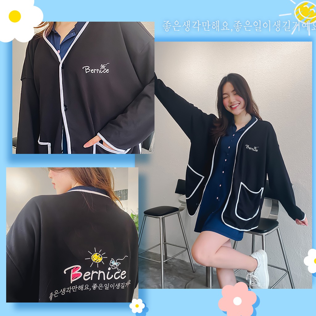 Áo Cardigan "Bernice Flower" Trắng-Đen  mang họa tiết dễ thương cùng chữ Hàn Quốc