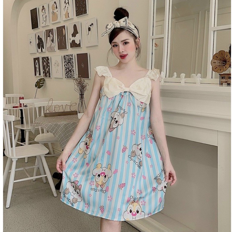 ĐẦM NGỦ 2 DÂY LỤA SATIN PHỐI NƠ NGỰC IN HÌNH SIÊU CUTE FREESIZE 40-60KG (NHIỀU MẪU)