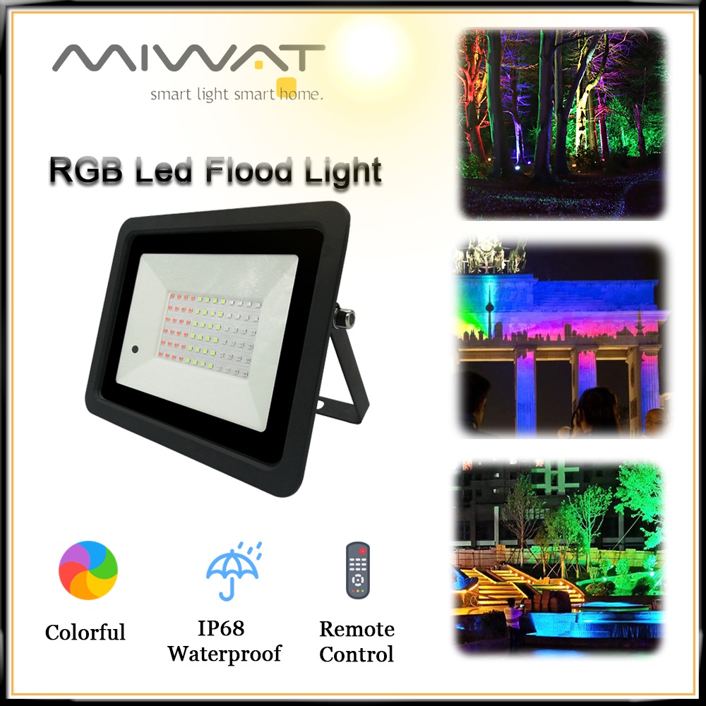 Đèn Pha LED MIWAT Đèn Sân Vườn RGB Chống Nước IP68 20W 30W 50W 100W Đèn Chiếu Sáng Ngoài Trời 220V 16 Màu Điều Khiển Từ Xa