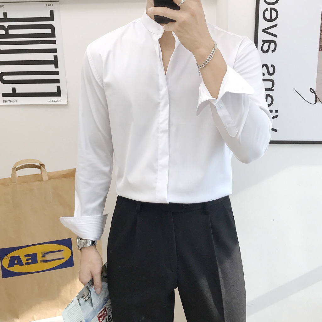 áo sơ mi nam cổ tàu , cổ trụ dáng ôm Hàn quốc giấu khuy - vải lụa đẹp mới nhất 2 màu trắng ,màu đen