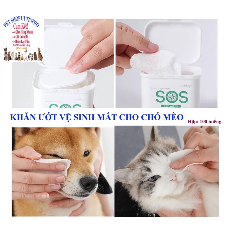 Khăn ướt lau chùi mắt cho Chó Mèo thú cưng SOS Hộp 100 miếng Lấy sạch bụi bẩn Giúp mắt thú cưng luôn sạch sẽ và khỏemạnh