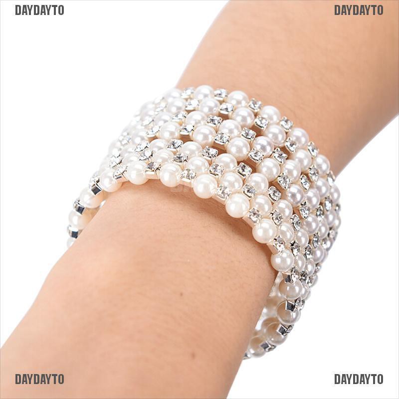 Vòng đeo tay co giãn nhiều lớp bằng ngọc trai pha lê lấp lánh