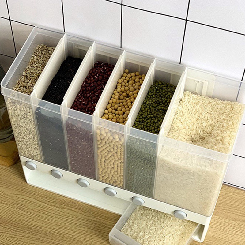 Hộp Đựng Gạo / Ngũ Cốc 6 Ngăn Bằng Nhựa Gắn Tường 10KG