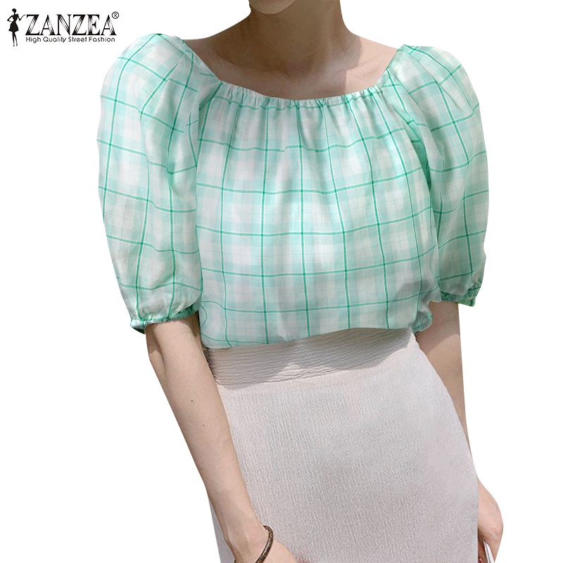 ZANZEA Áo Kiểu Tay Phồng Cổ Vuông Họa Tiết Sọc Caro Ngọt Ngào Thời Trang Hàn Quốc Cho Nữ