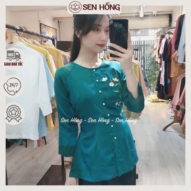 Bộ đồ đi lễ xinh xắn _ Sẵn Hàng_ Đồ lụa tằm ý thêu hoa màu xanh lá đậm