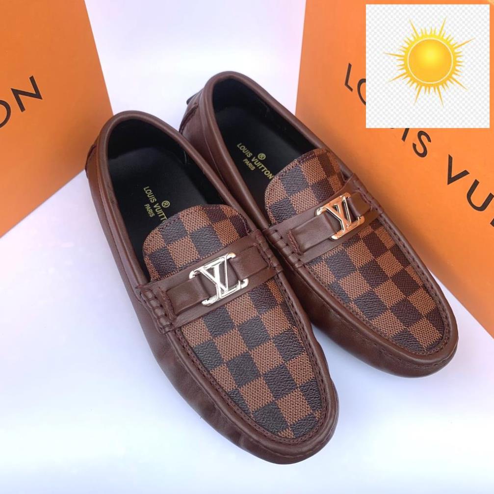 Giày lười nam hàng hiệu, giày moca nam đẹp LV cao cấp caro nâu – STORE III