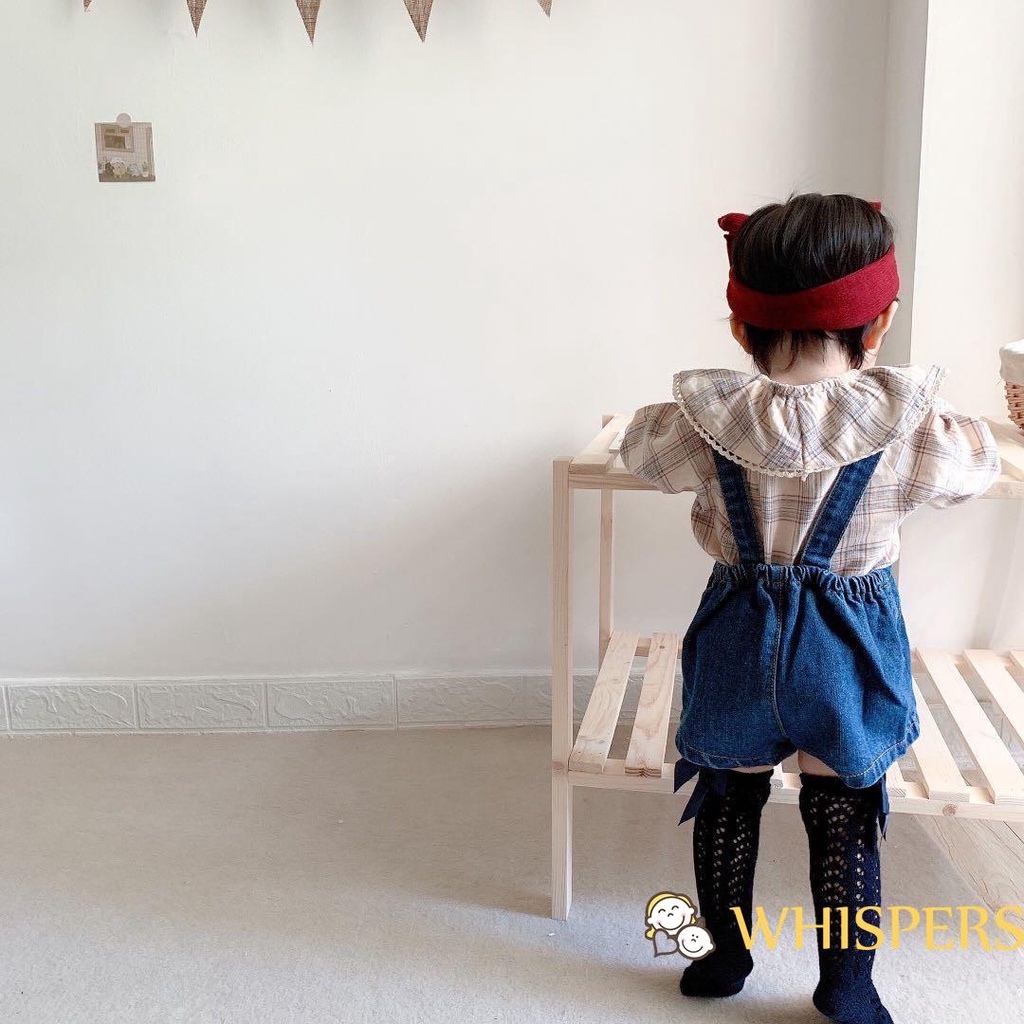 Set áo kiểu dài tay cổ bèo họa tiết kẻ sọc + quần yếm ngắn dành cho bé gái-