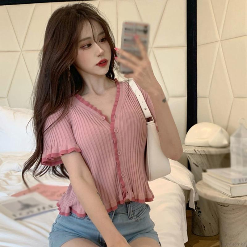 Áo cardigan dệt kim tay ngắn cổ chữ V cài nút trước màu sắc thời trang cho nữ