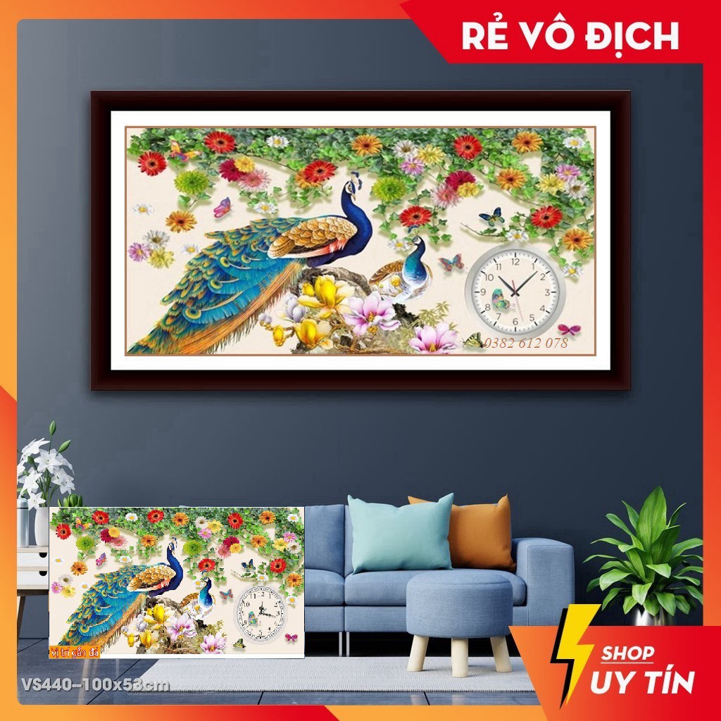 ❤FLASH SALE❤ Tranh đính đá Đồng Hồ Chim Công VS440 - Kích Thước 100×53cm (Tặng Keo Phủ Nano 30ml)