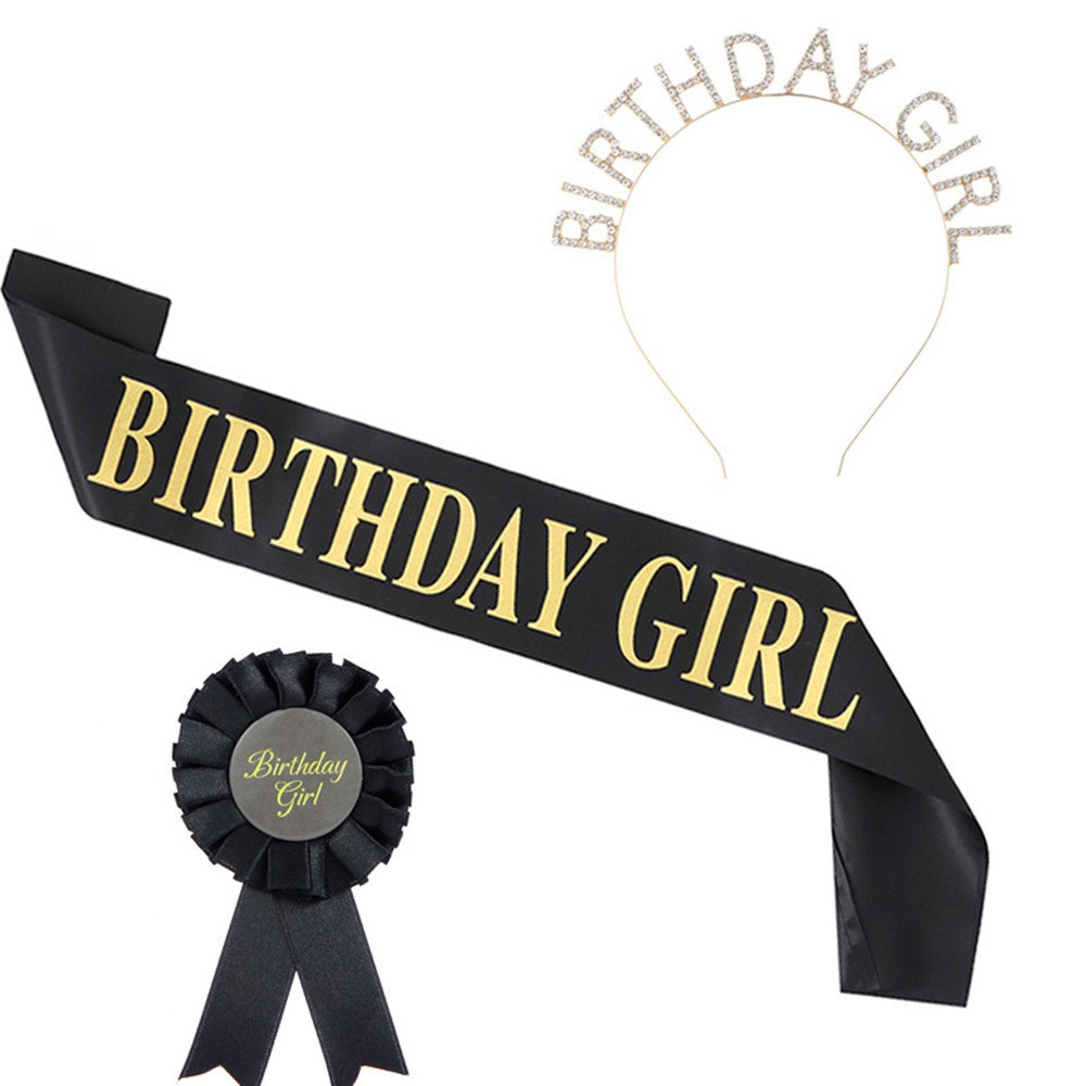 PATH Black Ribbon Hair Band Celebrate Happy Birthday Birthday Girl with Crown Luminescent Sash Corsage Queen|Birthday Girl Birthday headdress