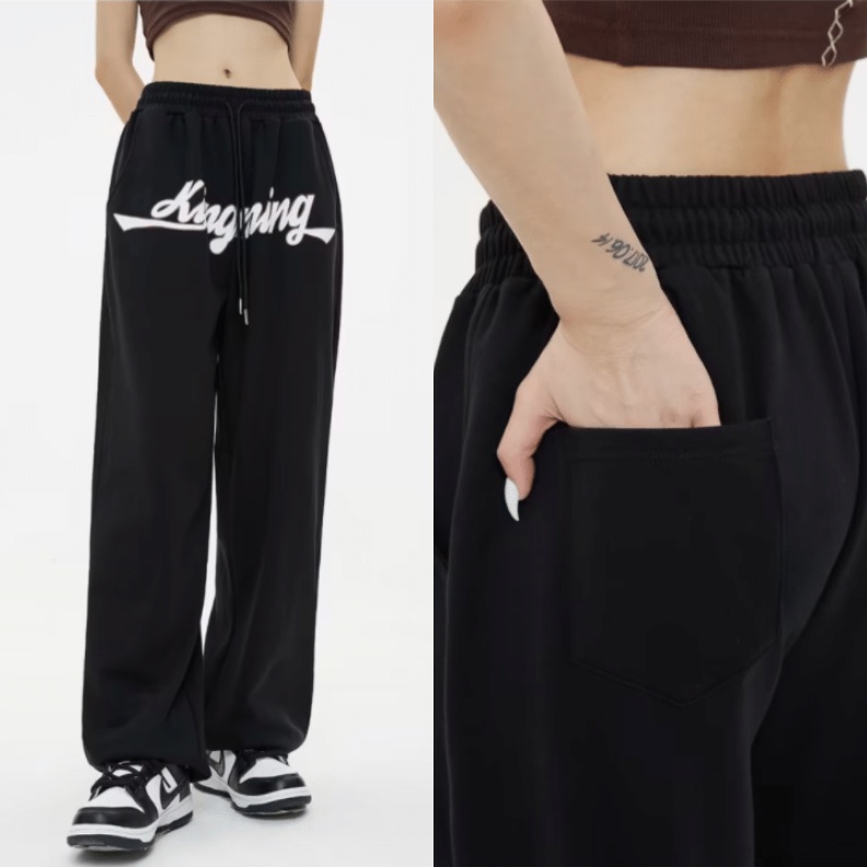 Quần Dài Ống Rộng Lưng Thun Rút Dây In Chữ Phong Cách Hàn Quốc Thời Trang Cho Nam Và Nữ