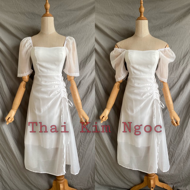 Đầm trễ vai tay phồng rút hông 4 màu | BigBuy360 - bigbuy360.vn