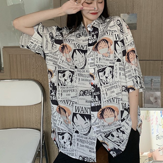 Áo sơ mi cộc tay unisex cá tính phom to vải thô mềm họa tiết hoạt hình ONE PIECE truyện tranh C74 | BigBuy360 - bigbuy360.vn