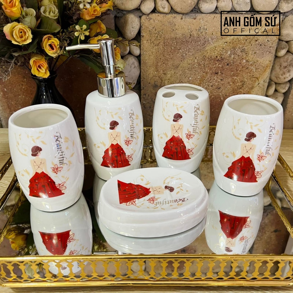 Bộ sứ vệ sinh - Set nhà tắm 5 món gốm sứ Bát Tràng, chai đựng sữa tắm dầu gội cao cấp