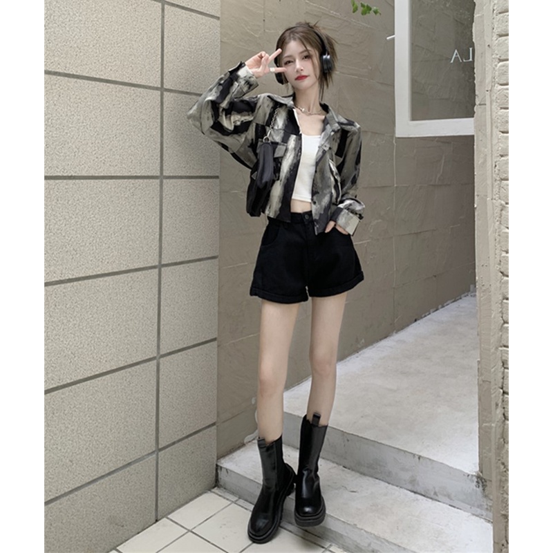 Áo Sơ Mi Ngắn Tay Dài Nhuộm Màu Xám Thiết Kế Mới Phong Cách retro Mỹ Dành Cho Nữ