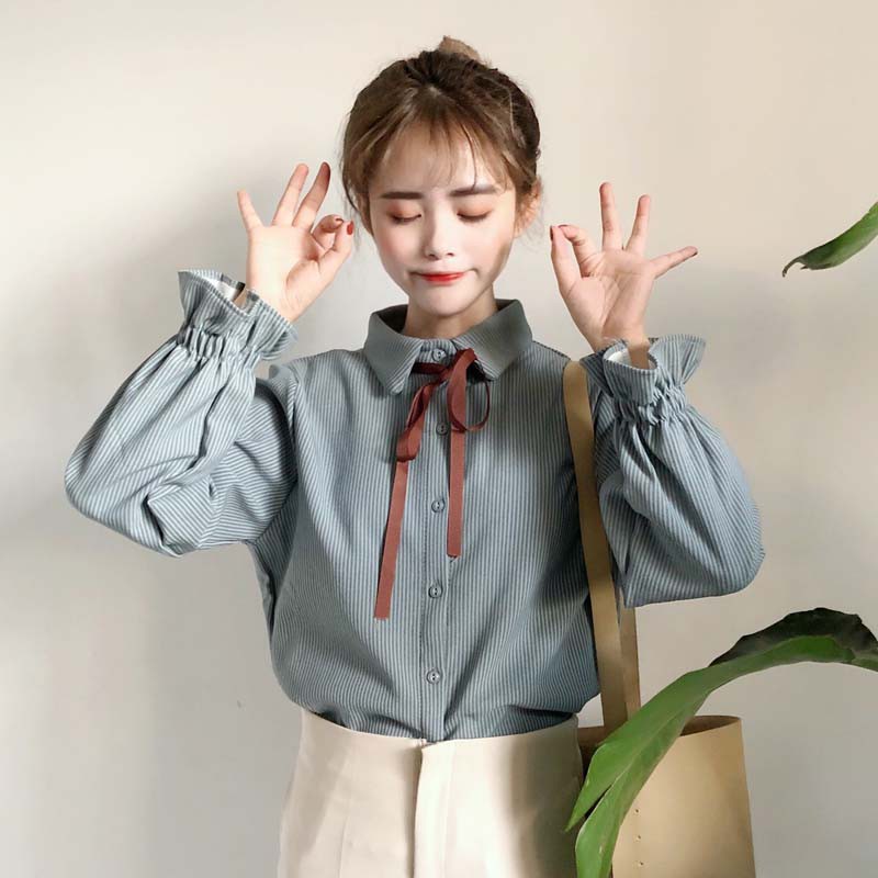 áo sơ mi ulzzang sơ mi nữ trắng sọc xanh tay bồng thắt nơ bánh bèo kiểu dáng Hàn Quốc