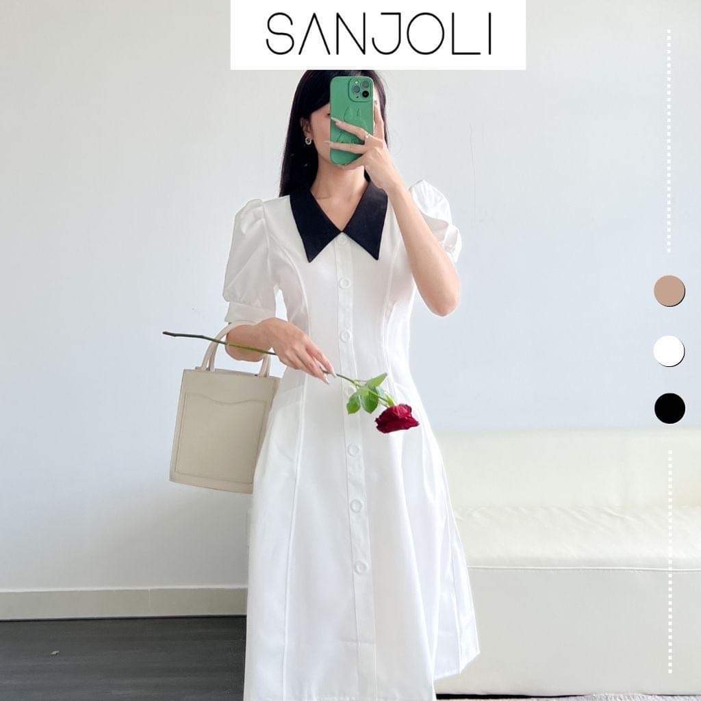 Đầm công sở nữ Sanjoli thiết kế dáng suông cao cấp cổ sơ mi trắng dáng dài đi dự tiệc VD041