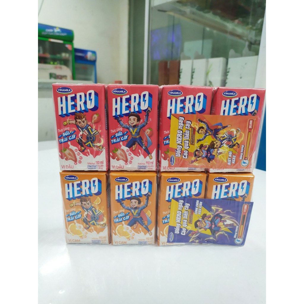 Lốc 4  hộp 110ml Sữa Trái Cây Hero Vinamilk vị dâu, cam