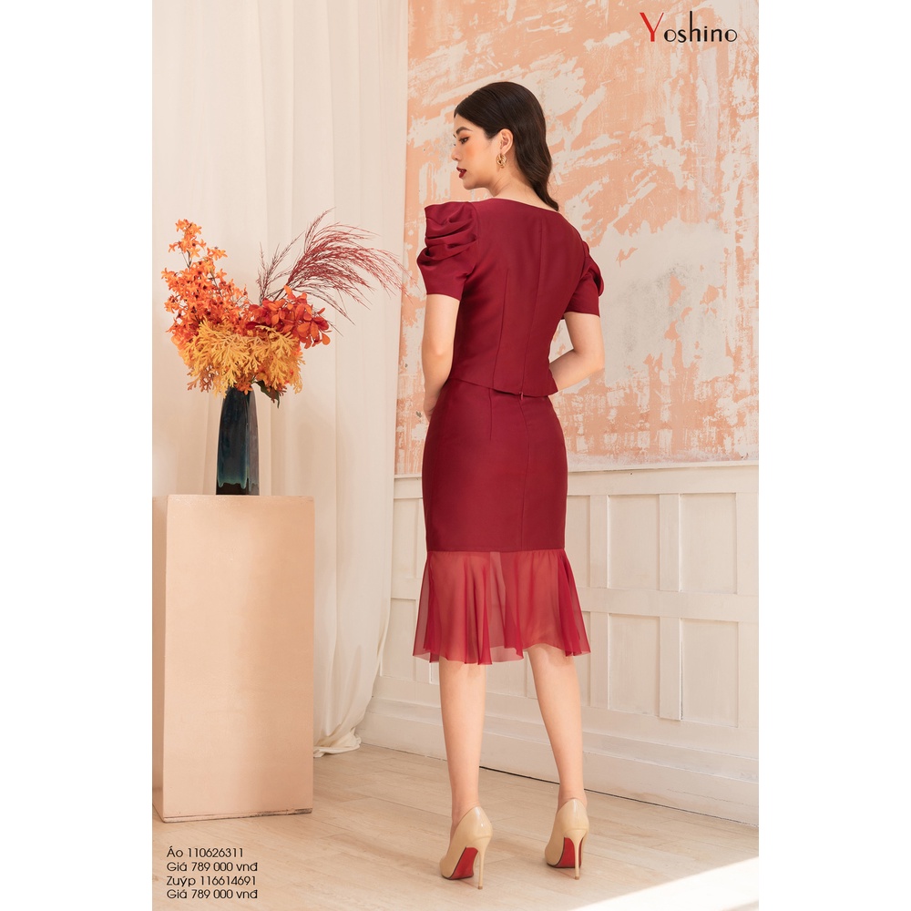 Set Áo Sơ Mi Kèm Chân Váy YOSHINO Croptop Cổ Vuông Đính Hàng Cúc Bọc Tay Xếp Bồng Đi Bộ Zuyp Đuôi Cá 110626311