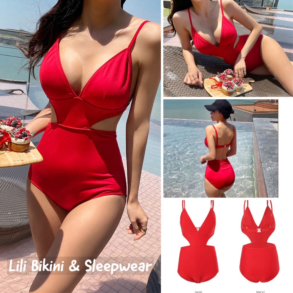 (Mẫu mới 2023) Bikini đỏ khoét eo xẻ ngực khoe dáng một mảnh Hàn Quốc