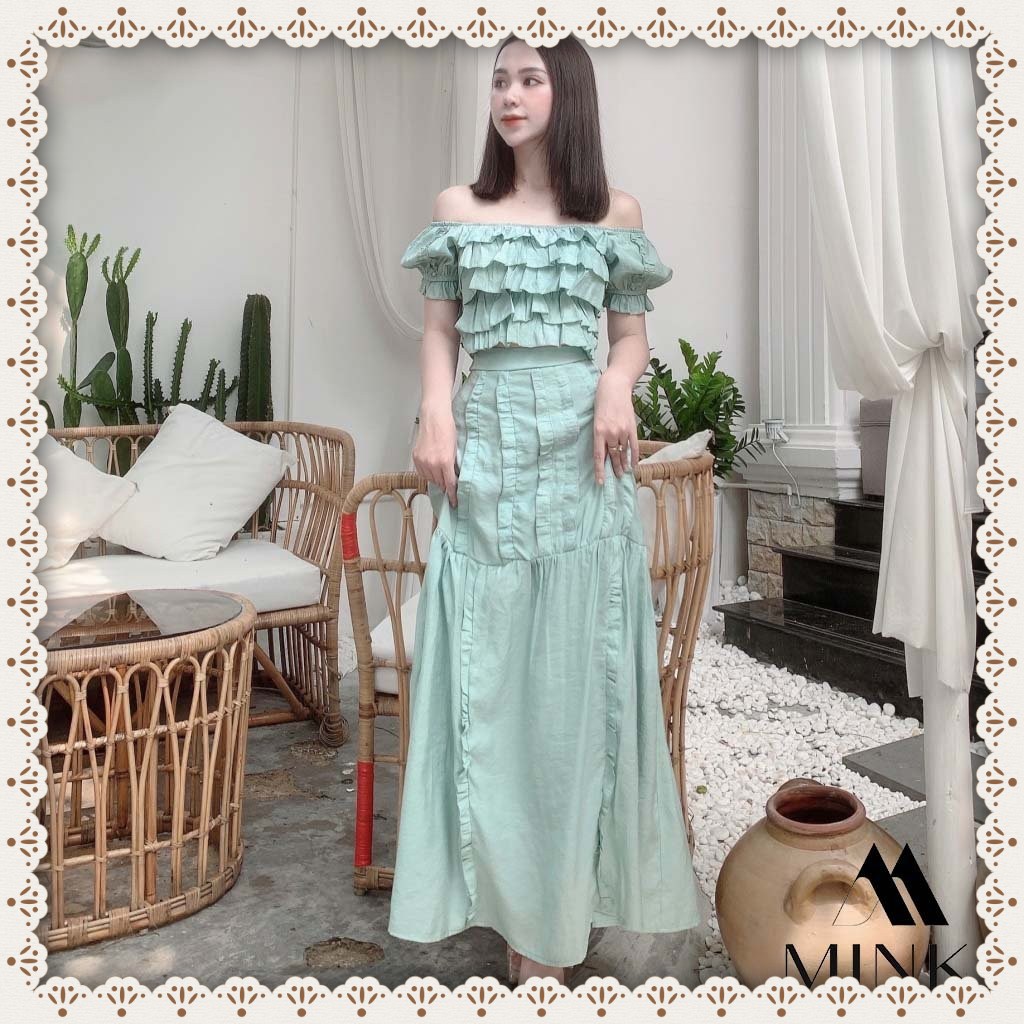 [HÀNG THIẾT KẾ] Set Áo Trễ Vai Tầng + Chân Váy Maxi - Chất Liệu Thô Tơ nhập khẩu - Màu Xanh Ngọc | BigBuy360 - bigbuy360.vn