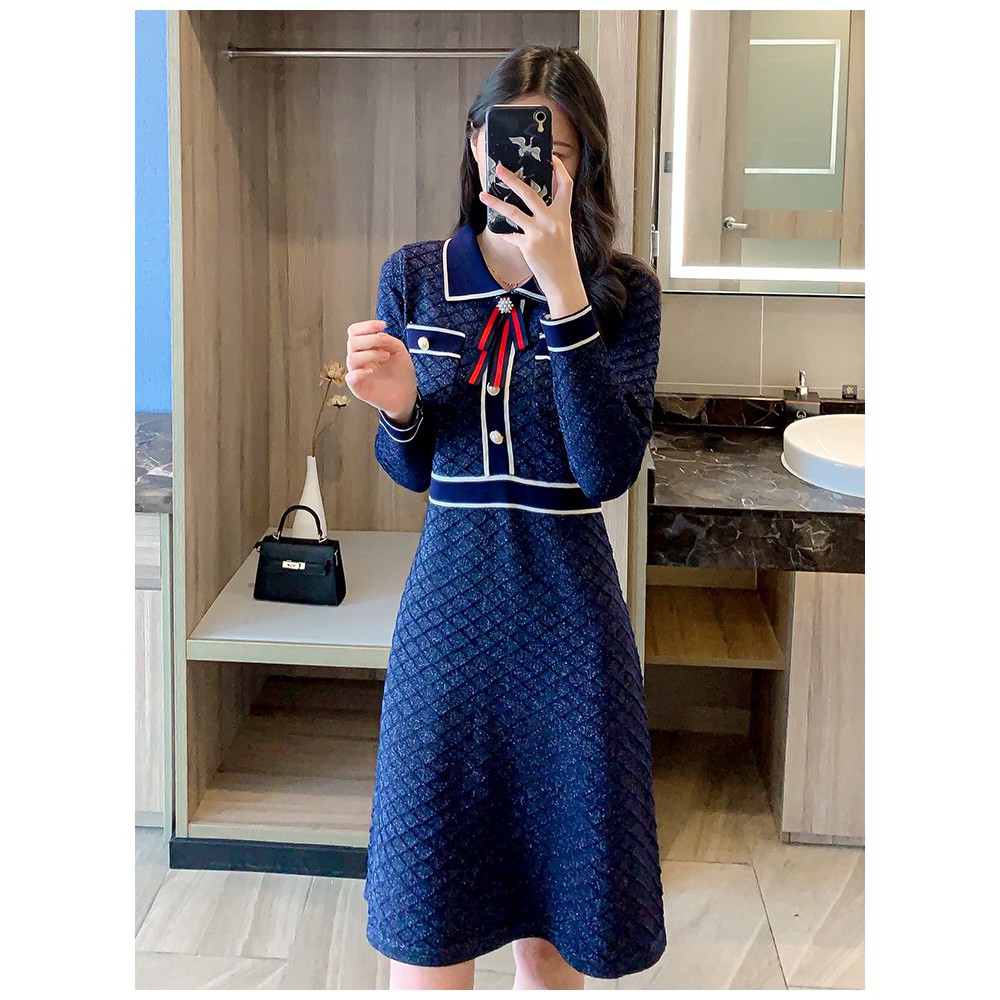 Đầm tiểu thư chữ A dự tiệc Quảng Châu cao cấp váy len gân D&R Fashion L016