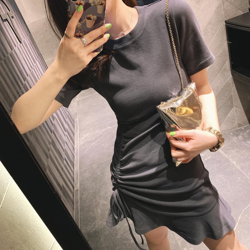 Xiaozhainv Đầm tay ngắn phối dây rút màu trơn phong cách Hàn Quốc
