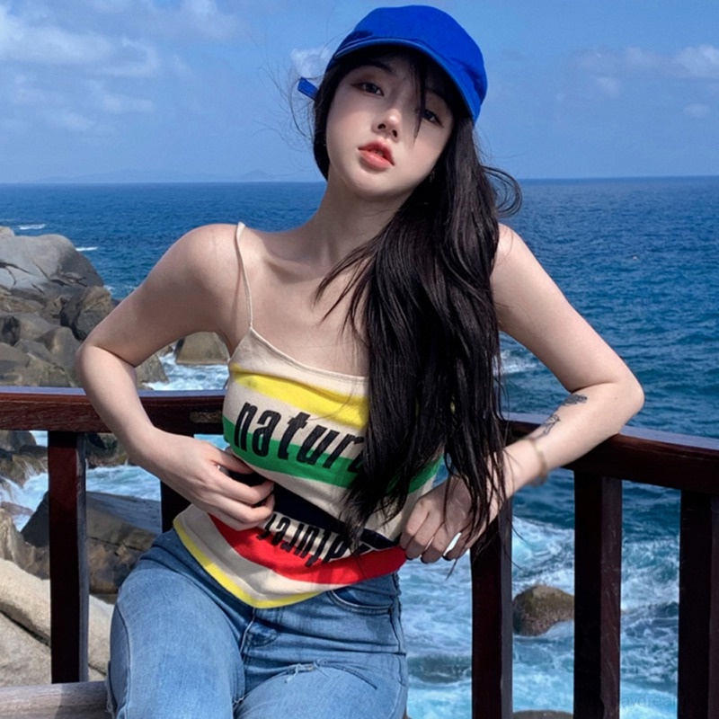 Áo Croptop Dệt Kim Sát Nách Hoạ Tiết Kẻ Sọc Thời Trang Mùa Hè Cho Phái Nữ