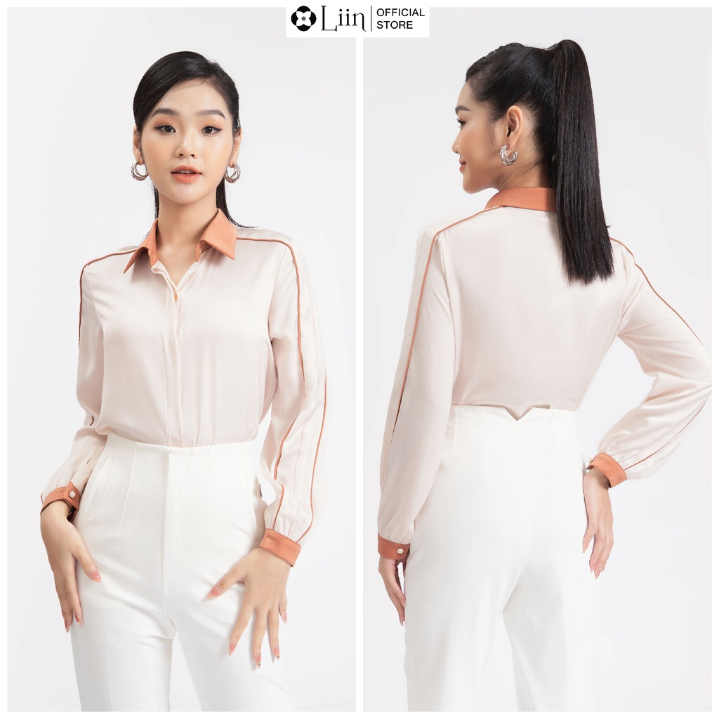 Áo sơ mi màu be viền cổ nâu dài tay, chất vải lụa kiểu dáng công sở thanh lịch Liin Clothing SM3958
