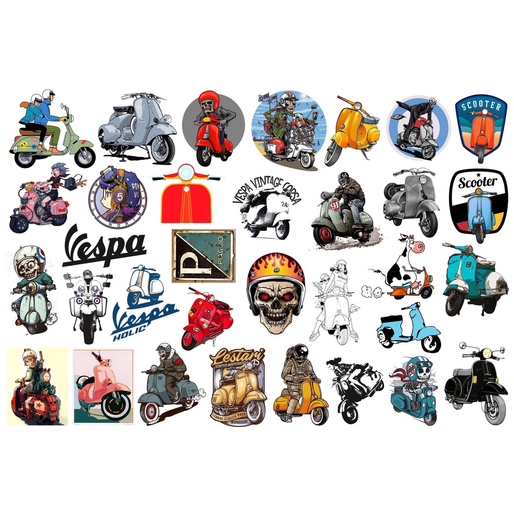 STICKER VESPA - SET STICKER TRANG TRÍ MŨ BẢO HIỂM, ĐIỆN THOẠI, LAPTOP, VALI, XE MÁY,... - NGHIỆN STICKER