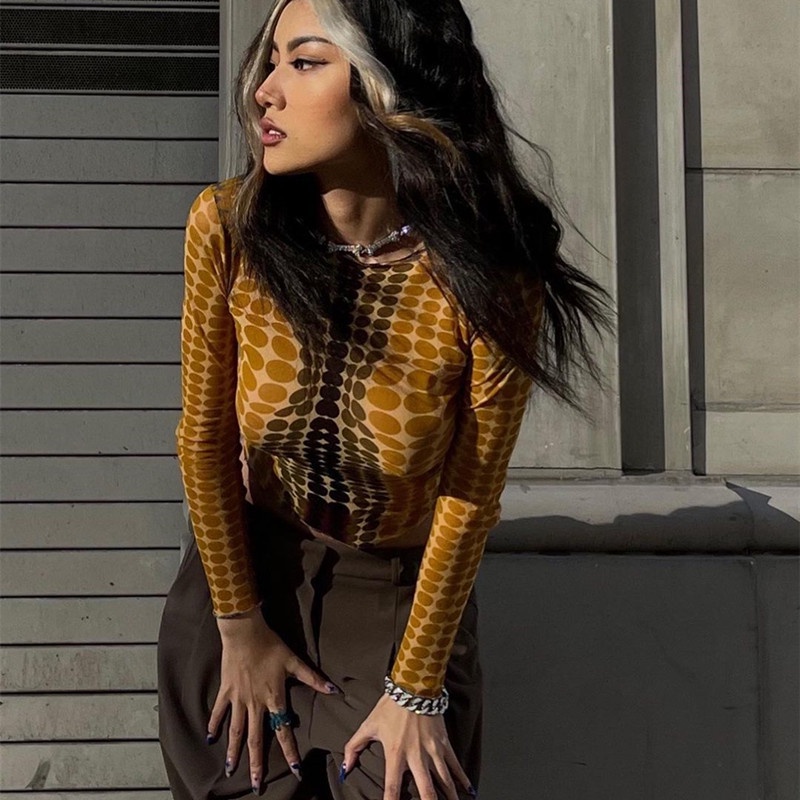 DUNEA Áo thun tay dài họa tiết chấm bi quyến rũ cho nữ