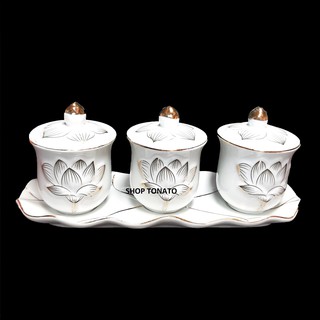Chung nắp bộ 3 ly thờ cúng hoa sen trắng bạch ngọc