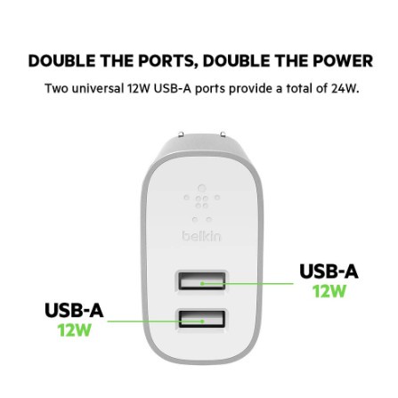 Sạc Nhanh Belkin BOOST↑CHARGE™ 24W 2 cổng USB-A 12W - Hàng Chính Hãng - Bảo Hành 12 Tháng