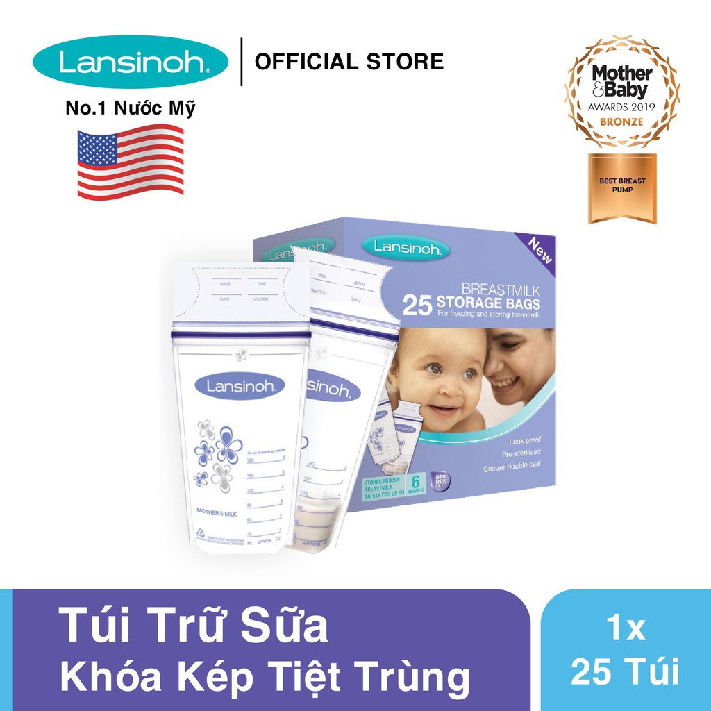 [Mã FMCGMALL - 8% đơn 250K] Túi trữ sữa Lansinoh 2 lớp 180ml, hộp 25-50 cái