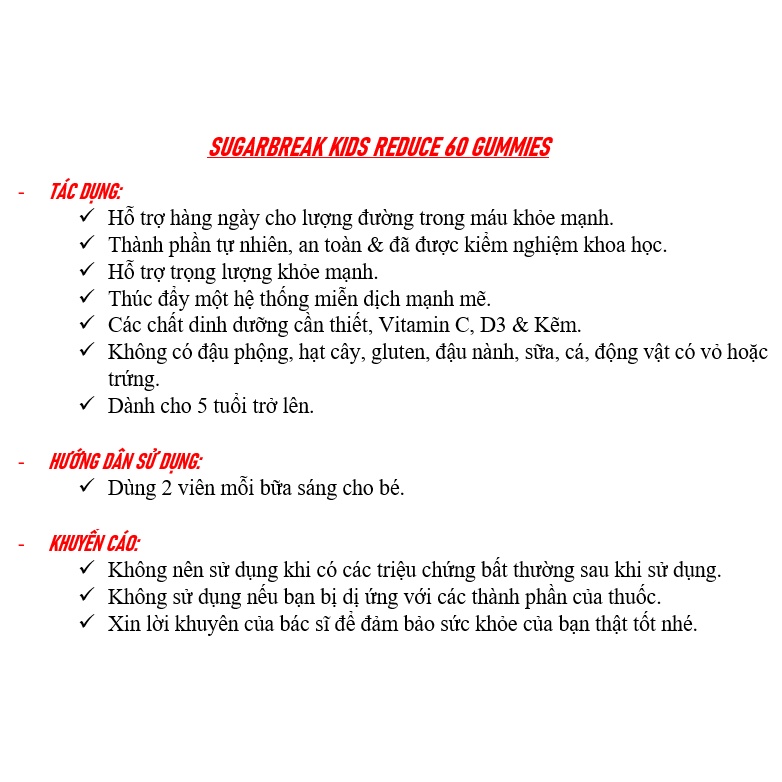 [DATE 08/2022] SUGARBREAK KIDS REDUCE 60 GUMMIES (60 VIÊN)