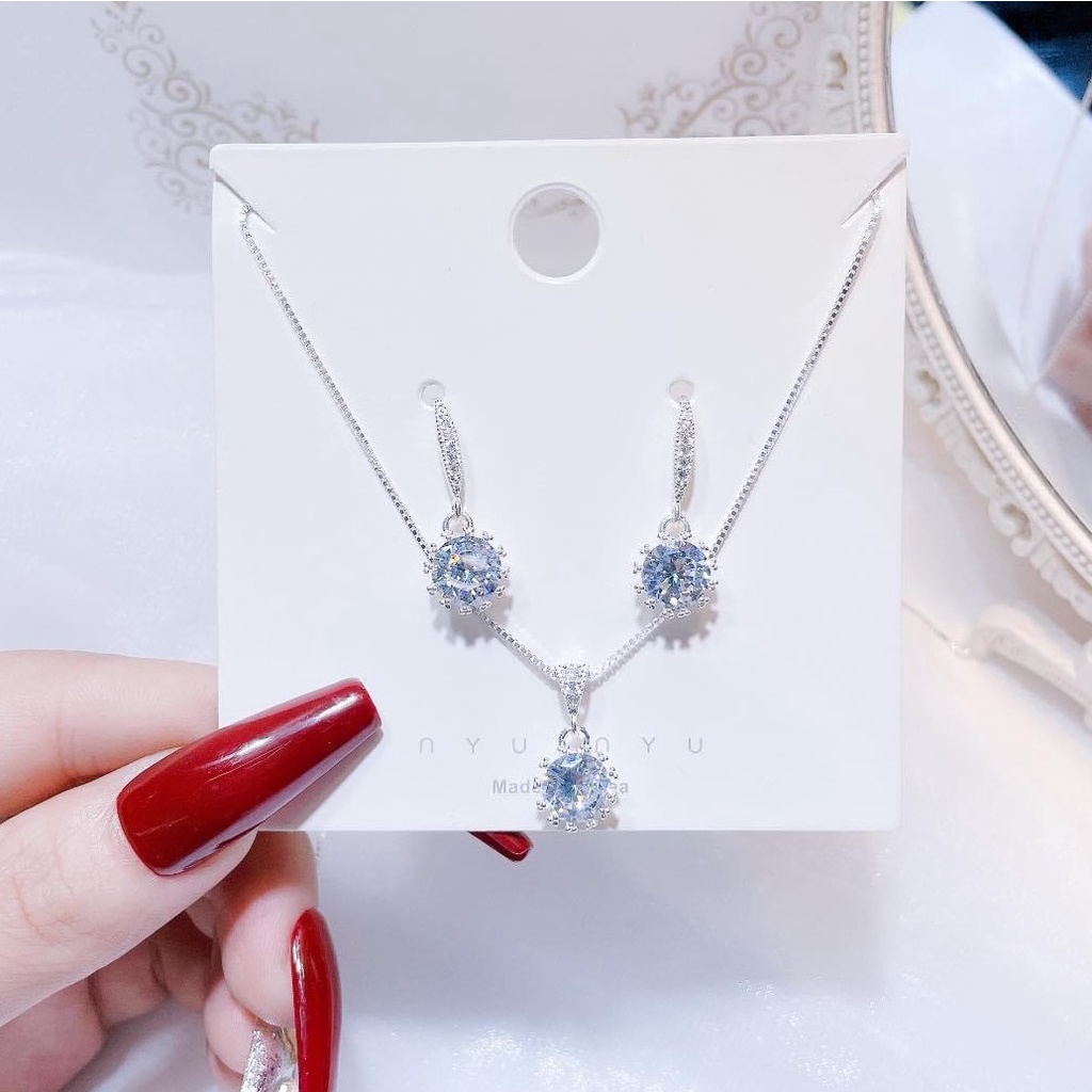 Combo trang sức bạc Dây chuyền + Bông tai gắn đá màu, phong cách trẻ trung năng động