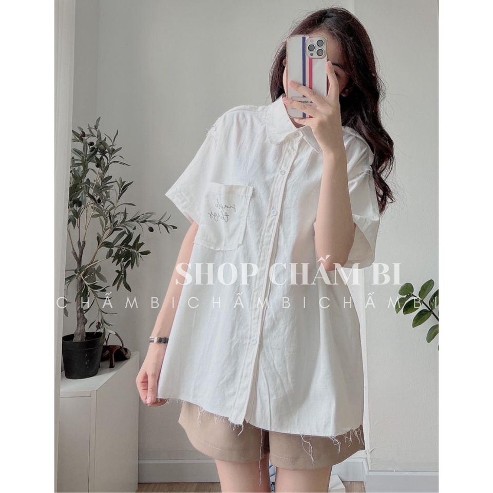 Áo sơ mi basic A.315, Áo sơ mi cộc tay túi ngực chữ thêu SIMPLE THINGS cách điệu - Thời trang nữ Chấm Bi