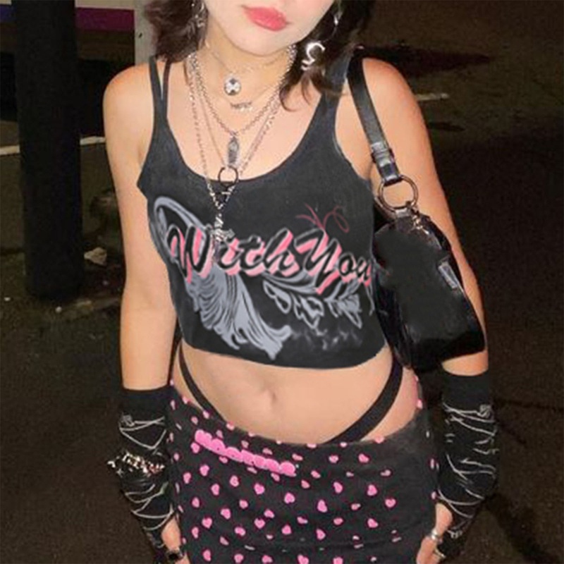 Brroa Áo Croptop Không Tay Khoét Lỗ In Chữ Phong Cách Harajuku Punk Cá Tính Cho Nữ