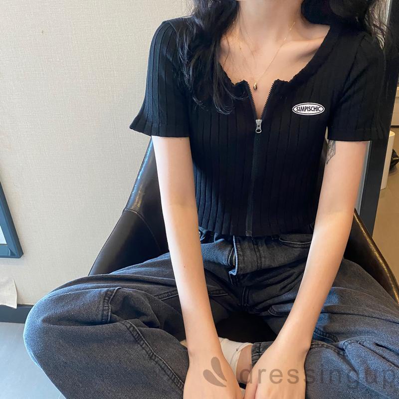 Áo Thun Tay Ngắn Có Khóa Kéo Thêu Chữ Quyến Rũ Dành Cho Nữ