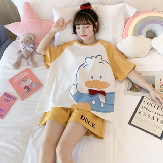 Bộ Đồ Ngủ Tay Ngắn Dáng Rộng Chất Liệu Cotton Mỏng In Họa Tiết Hoạt Hình Phong Cách Hàn Quốc Thời Trang Mùa Hè Cho Nữ
