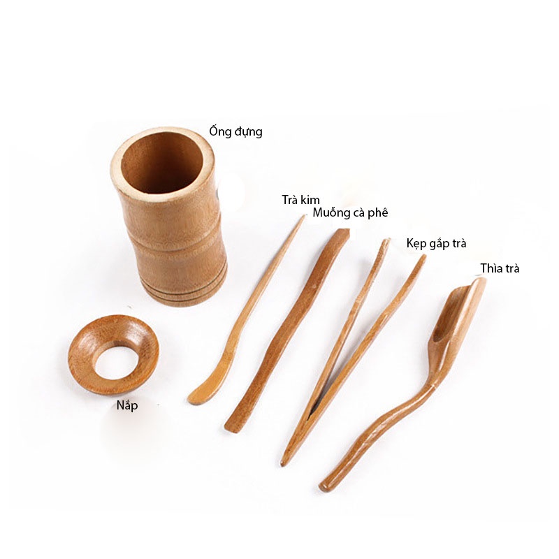 Dụng cụ pha trà bằng gỗ tre phong cách Trung Hoa, chất liệu tự nhiên, chống mốc, bộ 6 món - HVL TEA